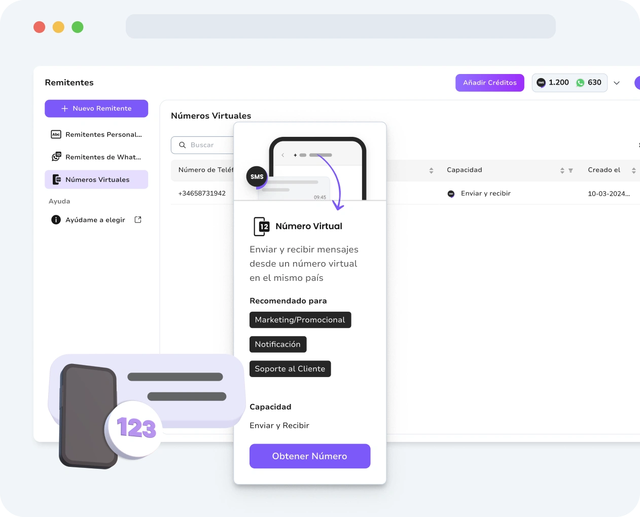 Captura de pantalla de la interfaz de Números Virtuales SMS de TopMessage.