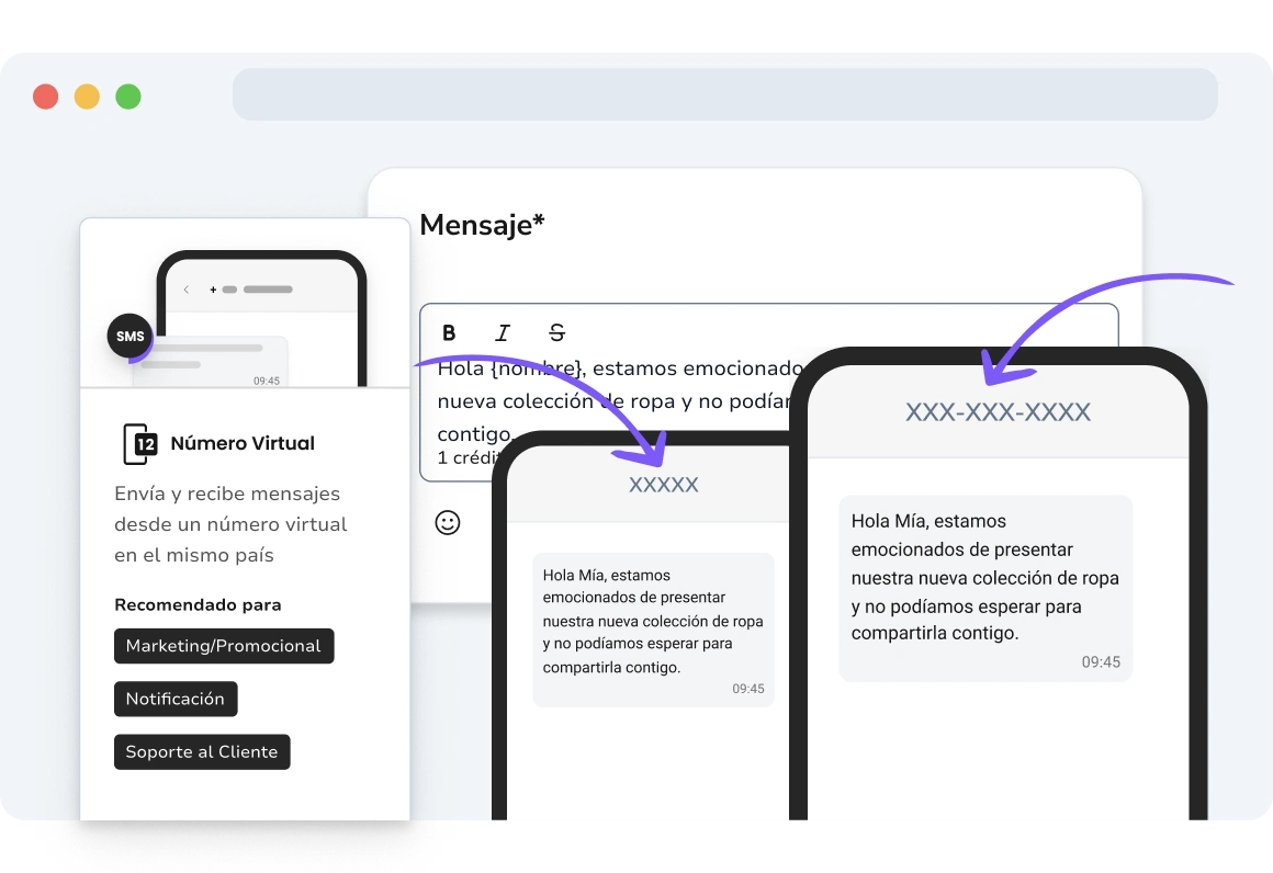 Captura de pantalla de la página de TopMessage que muestra Códigos Largos y Códigos Cortos para la mensajería SMS.