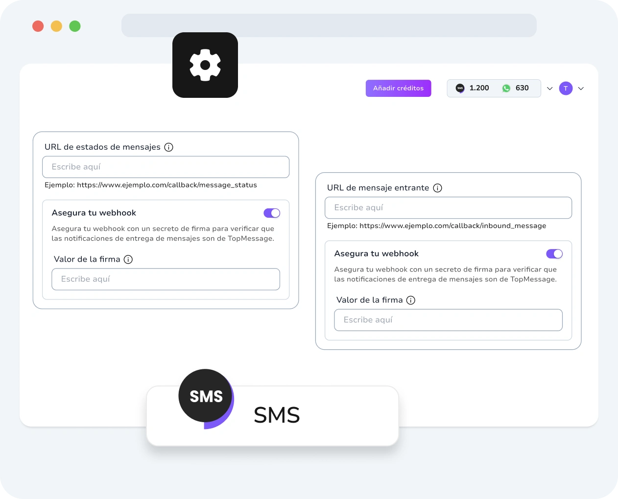 Captura de pantalla de la interfaz de TopMessage que muestra la configuración del webhook de SMS y las métricas de rendimiento.