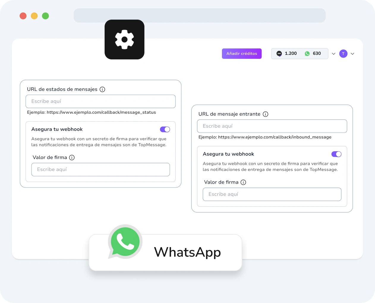 Captura de pantalla de la interfaz de TopMessage que muestra la configuración del webhook de WhatsApp con opciones de personalización y métricas de rendimiento.