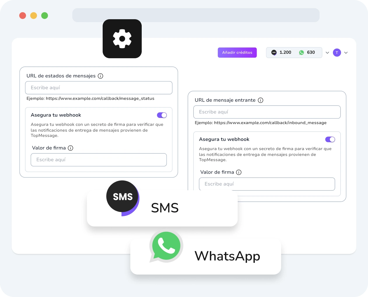 Captura de pantalla de la interfaz de TopMessage que muestra la creación y configuración de webhooks con métricas de rendimiento.