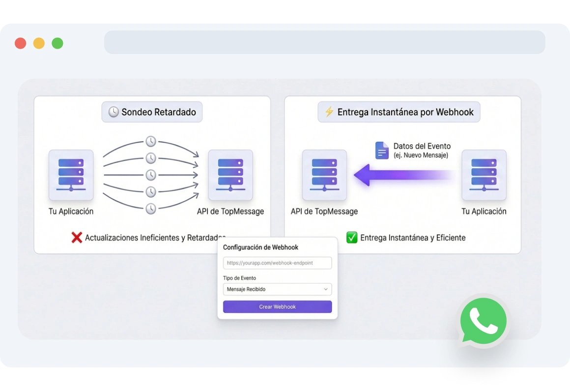 Panel que muestra a TopMessage enviando actualizaciones de WhatsApp en tiempo real a una aplicación, eliminando el sondeo manual o las llamadas API adicionales.