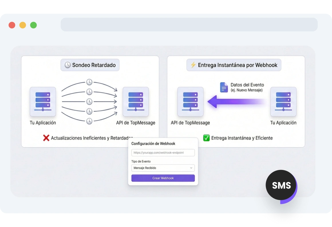 Panel que muestra los webhooks de SMS de TopMessage enviando actualizaciones en tiempo real para cada solicitud de cliente o entrega de mensaje.
