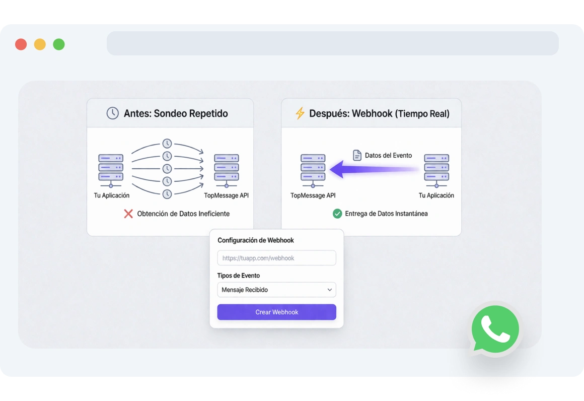 Captura de pantalla de la interfaz de TopMessage que muestra la configuración de los activadores de webhook de WhatsApp para automatizar los flujos de mensajes cada vez que los clientes interactúan.