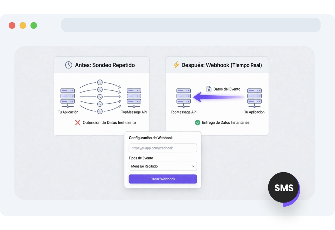 Captura de pantalla de la interfaz de TopMessage que muestra flujos de trabajo de SMS automatizados activados por datos de eventos de webhook en varias plataformas.