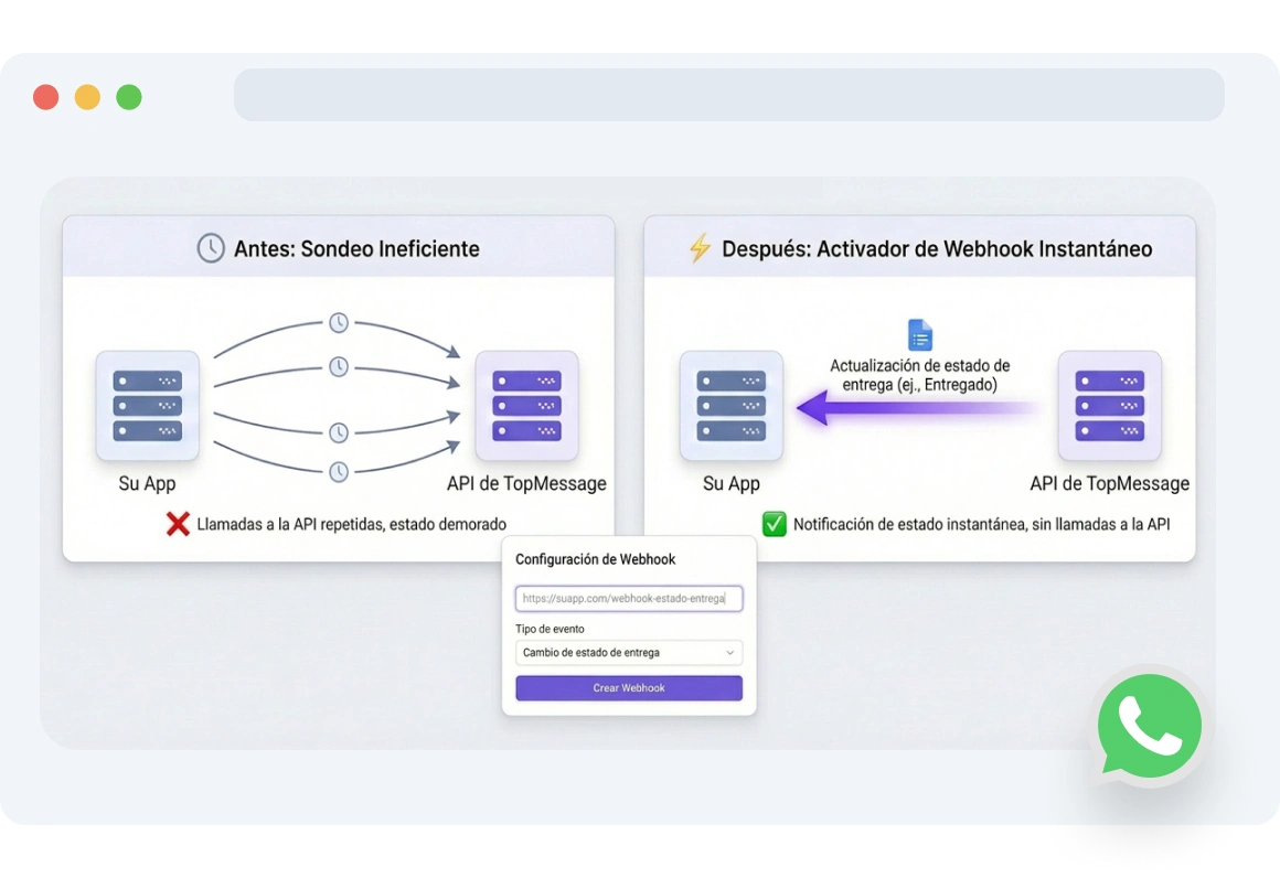 Interfaz que muestra las notificaciones de webhook de estado de TopMessage activadas cuando un cliente abre o lee un mensaje de WhatsApp.