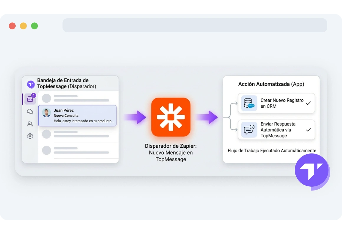 Configuración del activador de Zapier que muestra un flujo de trabajo activado por un nuevo mensaje entrante en TopMessage.