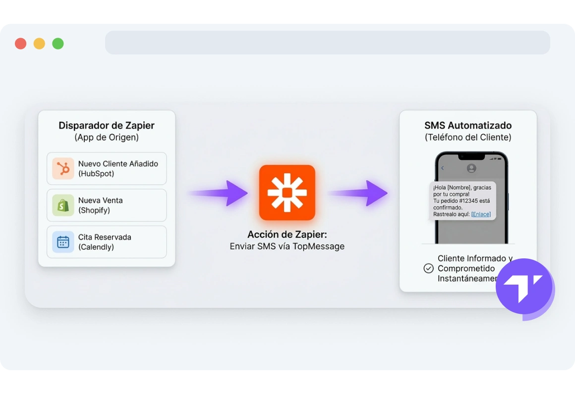 Paso de acción de Zapier configurado para enviar un SMS automáticamente a través de TopMessage cuando ocurre un evento.