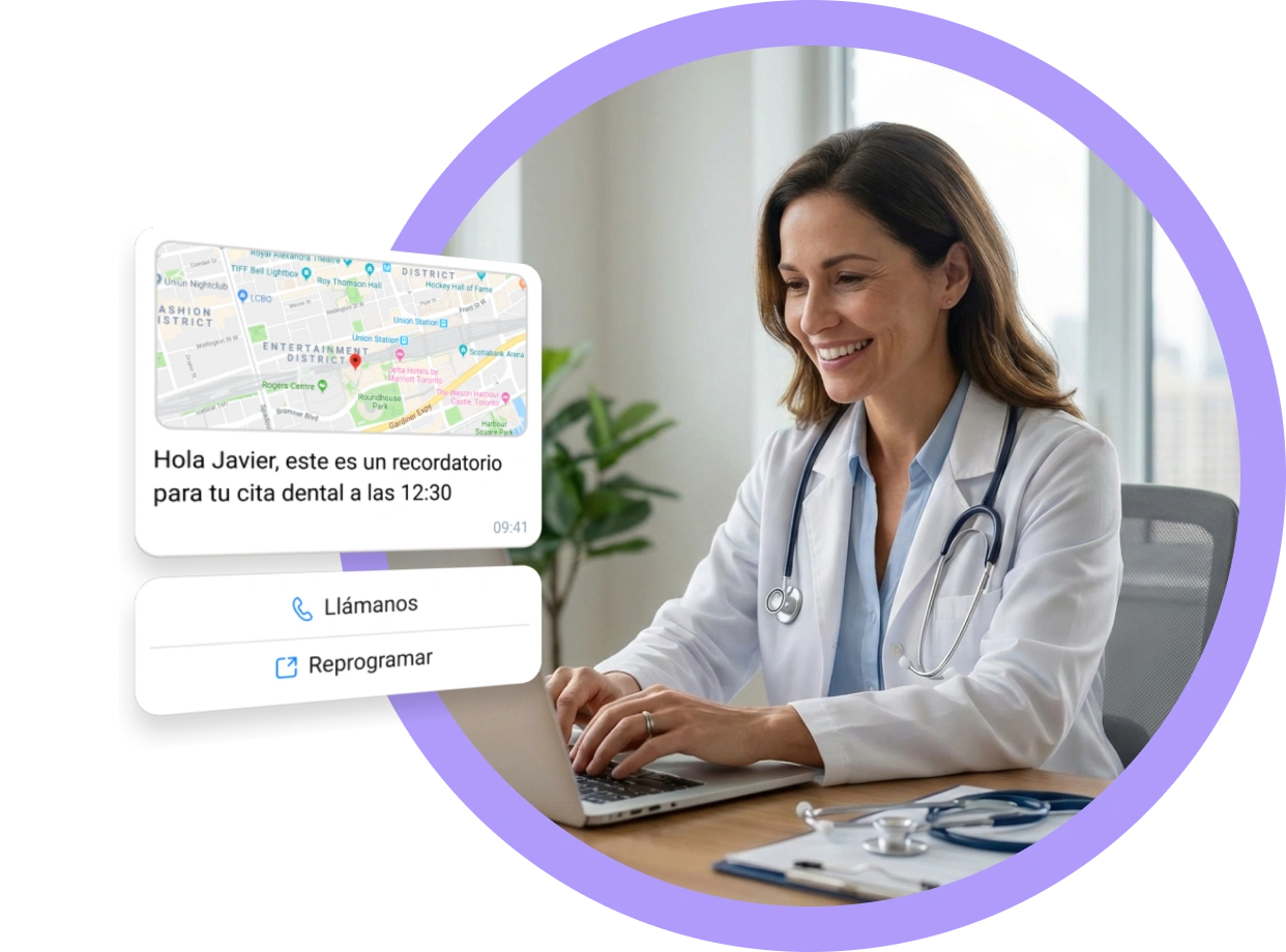 Administrador de hospital enviando un recordatorio de cita automatizado a través de WhatsApp a los pacientes utilizando TopMessage.
