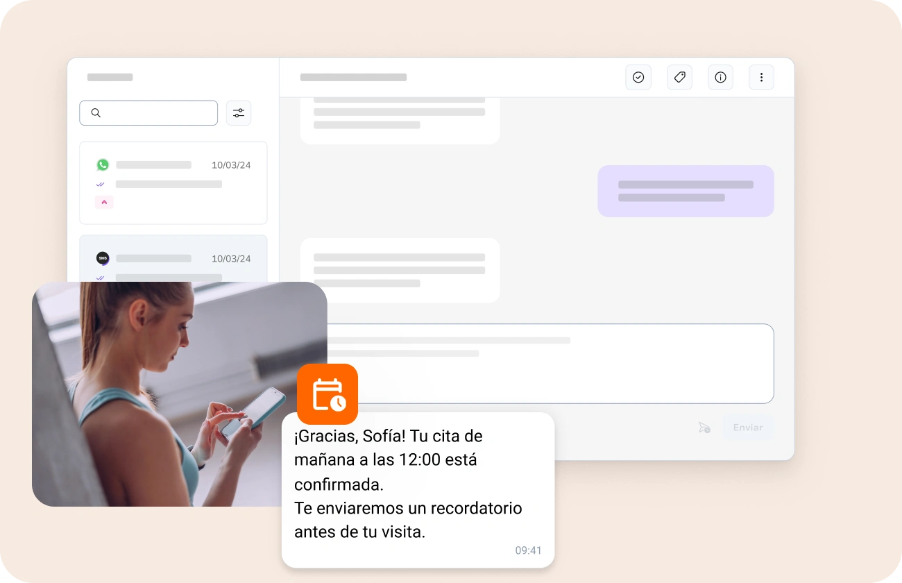 Mujer revisando su teléfono inteligente, recibiendo un recordatorio de cita médica de TopMessage, con el panel de control de fondo.