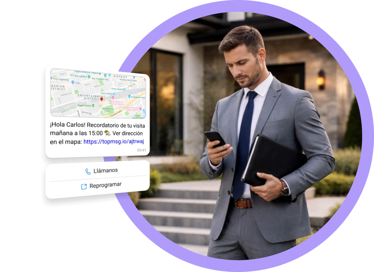 Agentes inmobiliarios enviando mensajes de SMS y WhatsApp a compradores, vendedores e inversores para compartir actualizaciones de propiedades y gestionar la comunicación