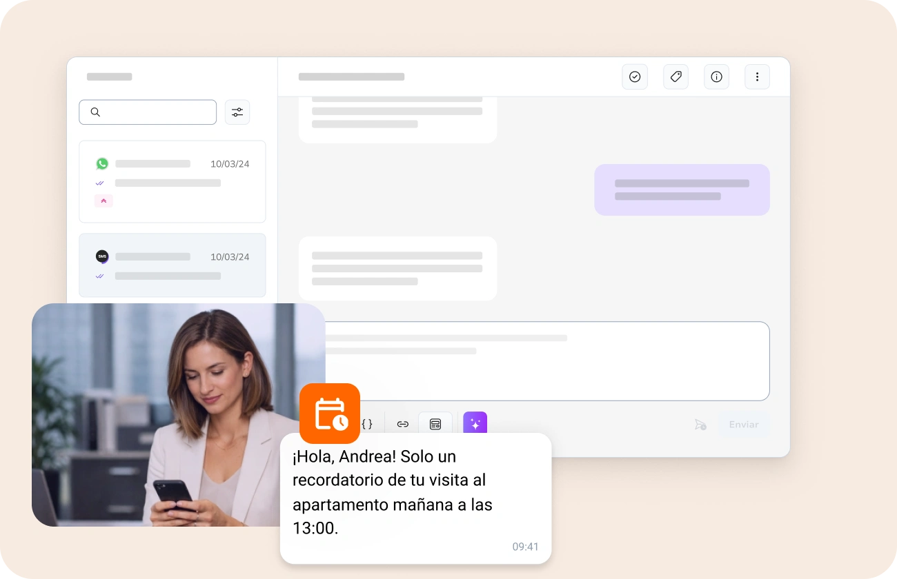 Profesionales inmobiliarios comunicándose con compradores, vendedores e inquilinos a través de SMS y WhatsApp a lo largo del camino inmobiliario.