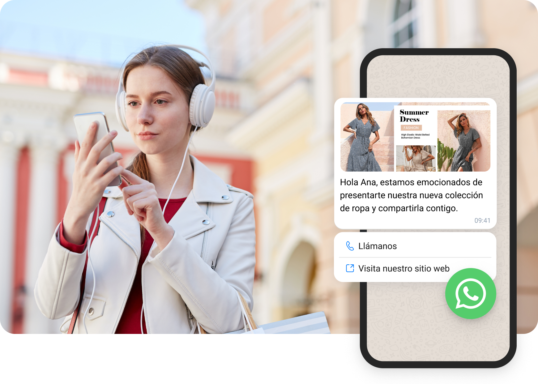 Chica con auriculares blancos leyendo mensajes de WhatsApp recibidos del comercio electrónico