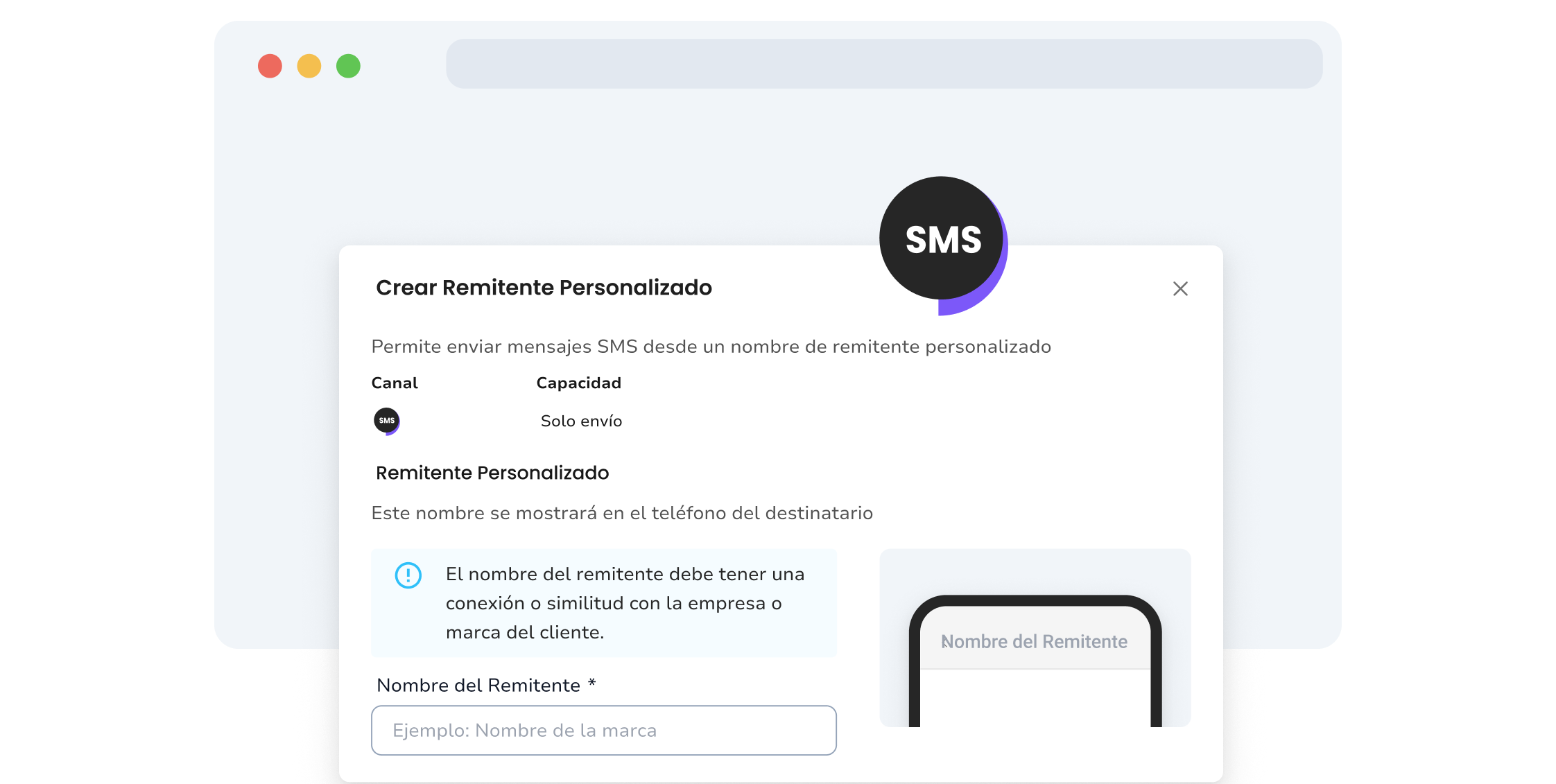 Captura de pantalla de la página de configuración de remitentes de SMS de marca de TopMessage