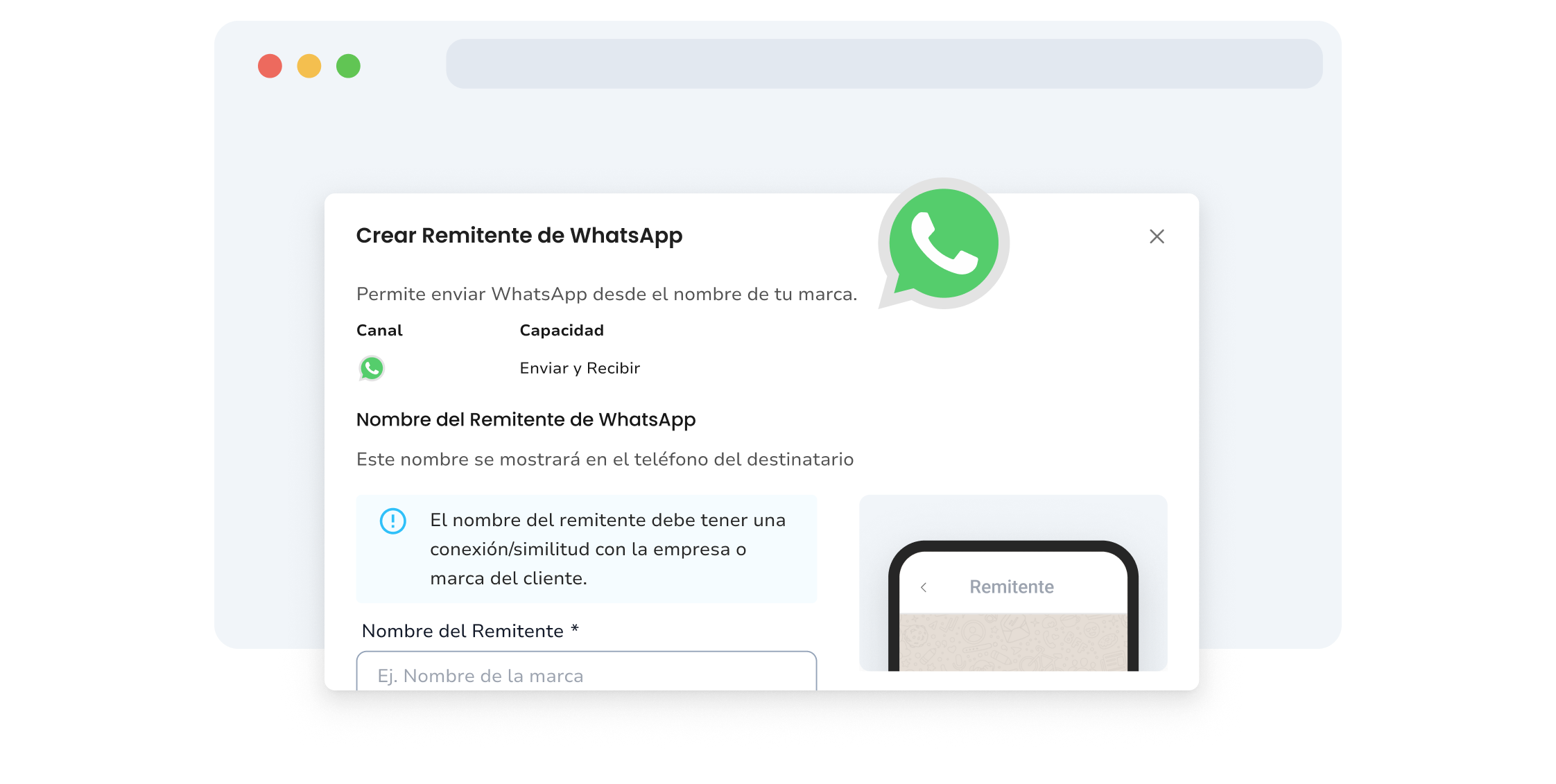 Captura de pantalla de la página de envío de remitentes de WhatsApp de TopMessage