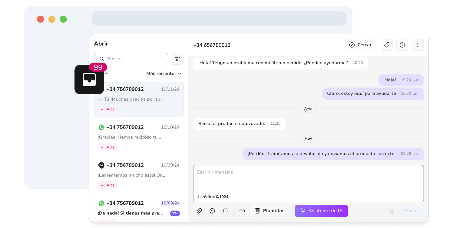 Captura de pantalla de la página de la bandeja de entrada de mensajería unificada de TopMessage