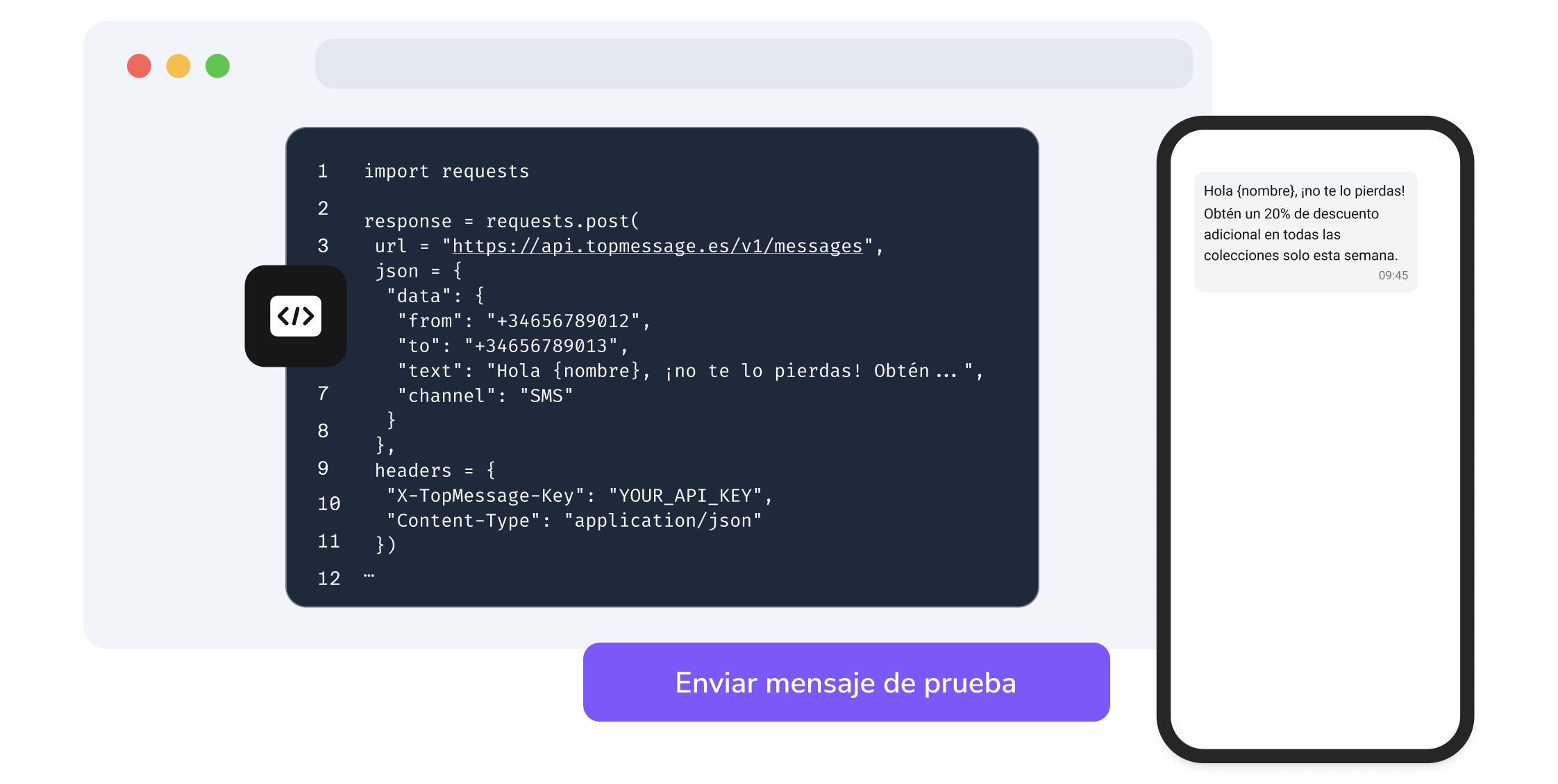 Captura de pantalla de la página API de TopMessage que muestra los campos de configuración de Webhook