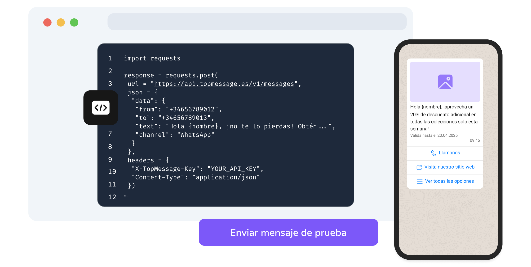 Captura de pantalla de la página API de TopMessage que muestra la función de prueba de código de WhatsApp