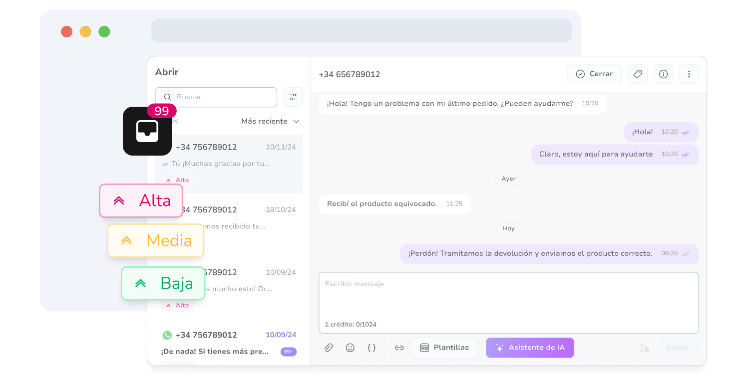 Captura de pantalla de la bandeja de entrada de mensajería unificada de TopMessage con prioridades de conversación