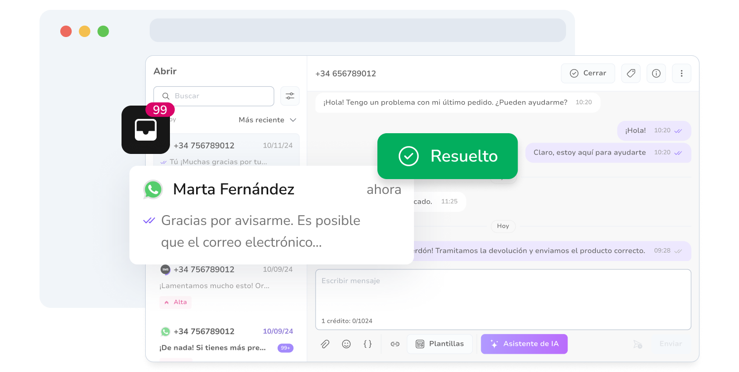 Captura de pantalla de la bandeja de entrada de mensajería unificada de TopMessage con conversaciones resueltas de WhatsApp