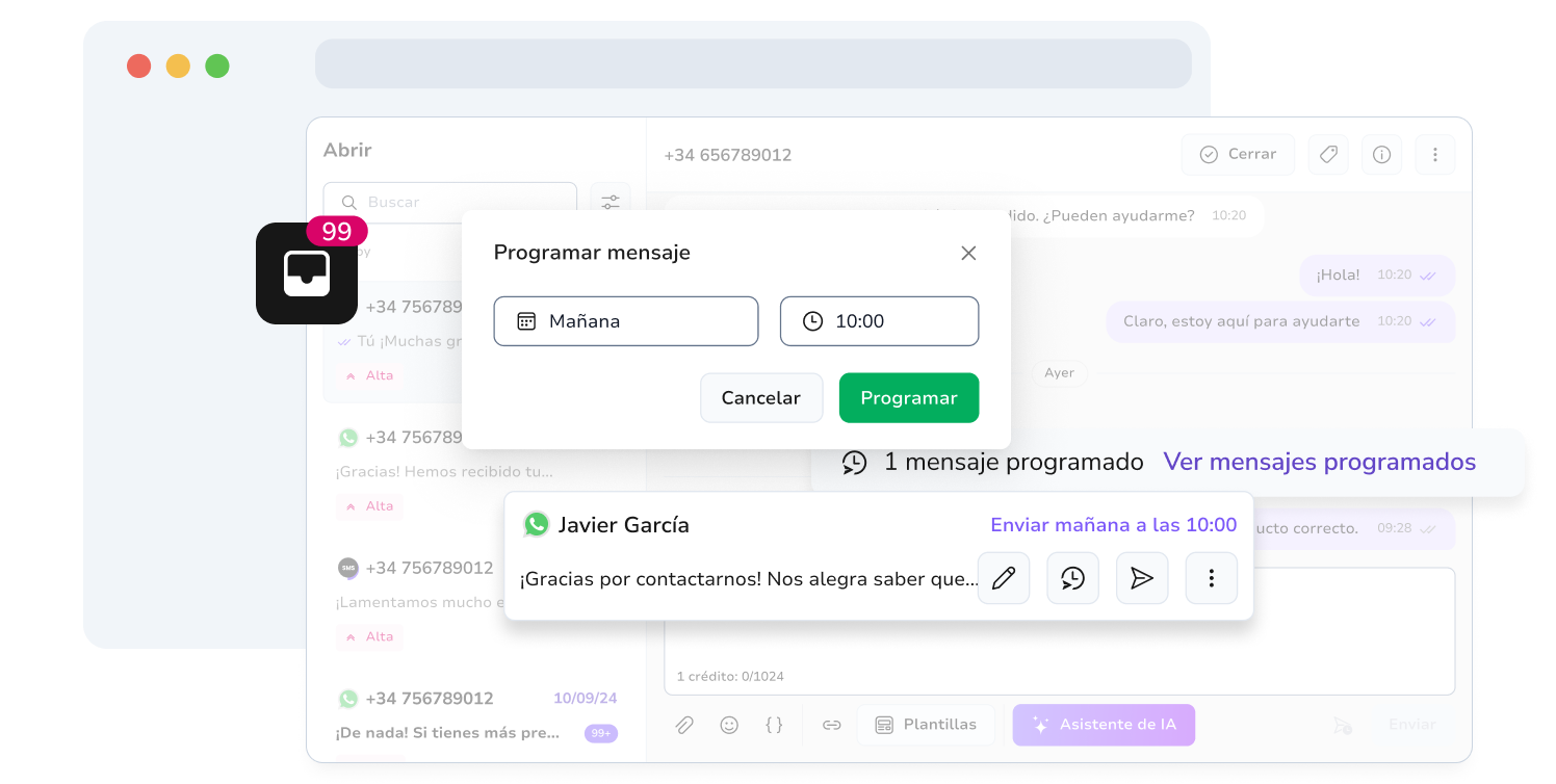 Captura de pantalla de la página de la bandeja de entrada de WhatsApp de TopMessage con función de programación