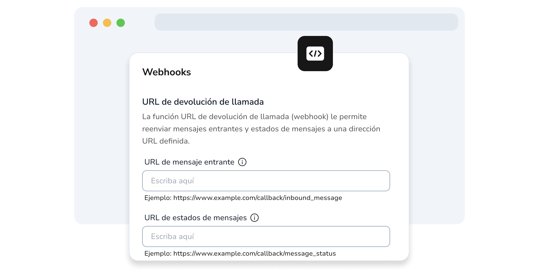 Captura de pantalla de la página API de TopMessage que muestra los campos de configuración de webhooks