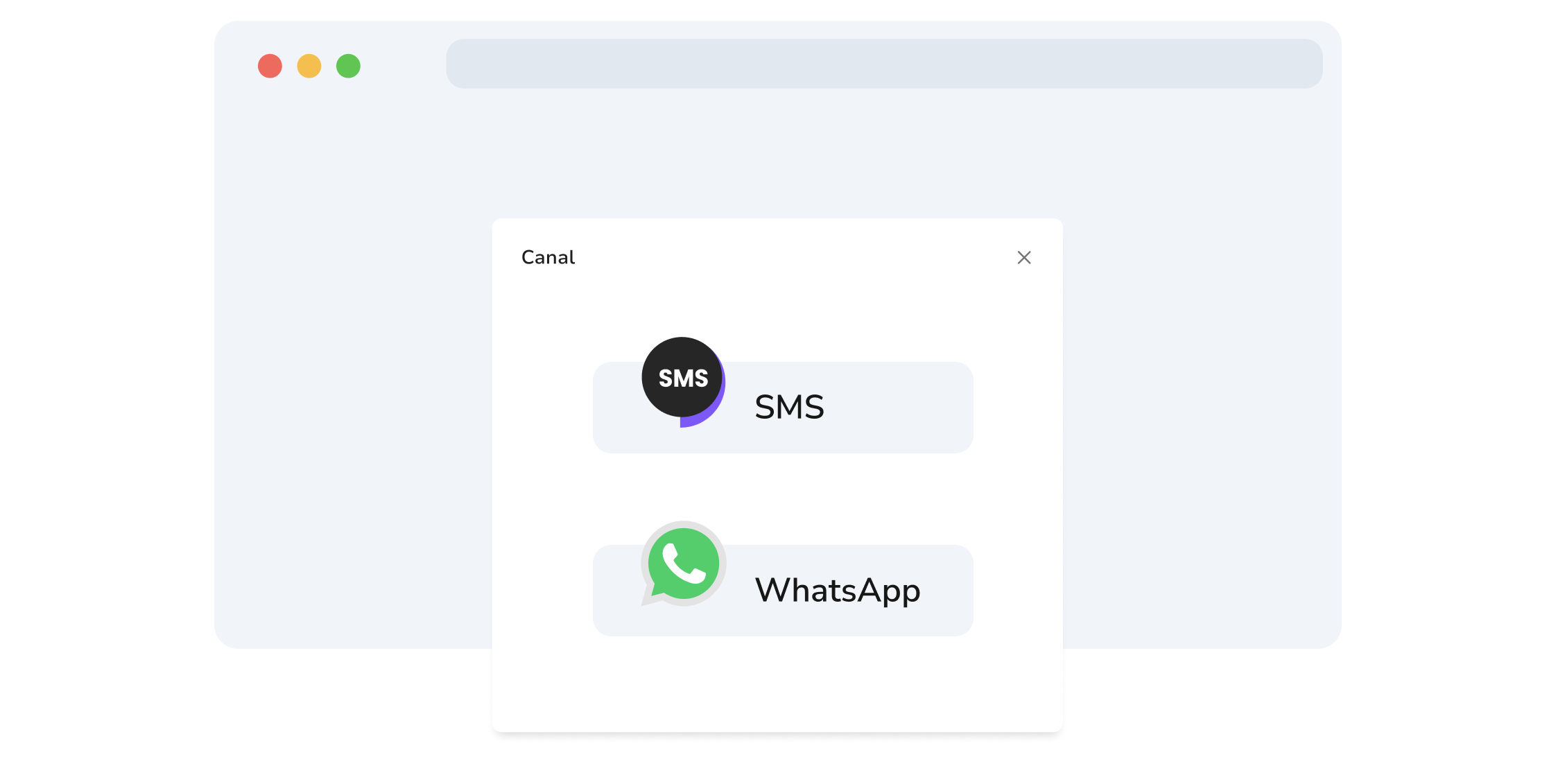 Captura de pantalla de la página de selección de canales de WhatsApp y SMS de TopMessage