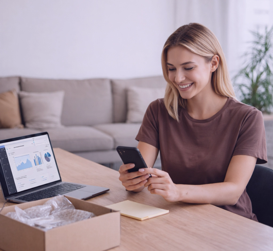 Persona sosteniendo un teléfono inteligente y sonriendo, que representa a un cliente completando un proceso de pago a través de un enlace SMS de TopMessage.