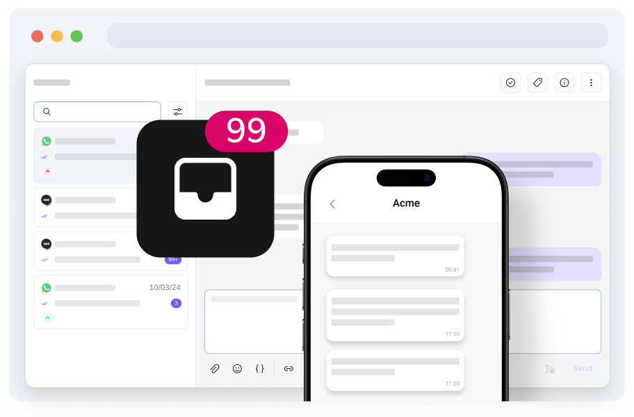 Interfaz de la plataforma de mensajería en un smartphone con notificación mostrando 99 mensajes, representando alto volumen de mensajes.