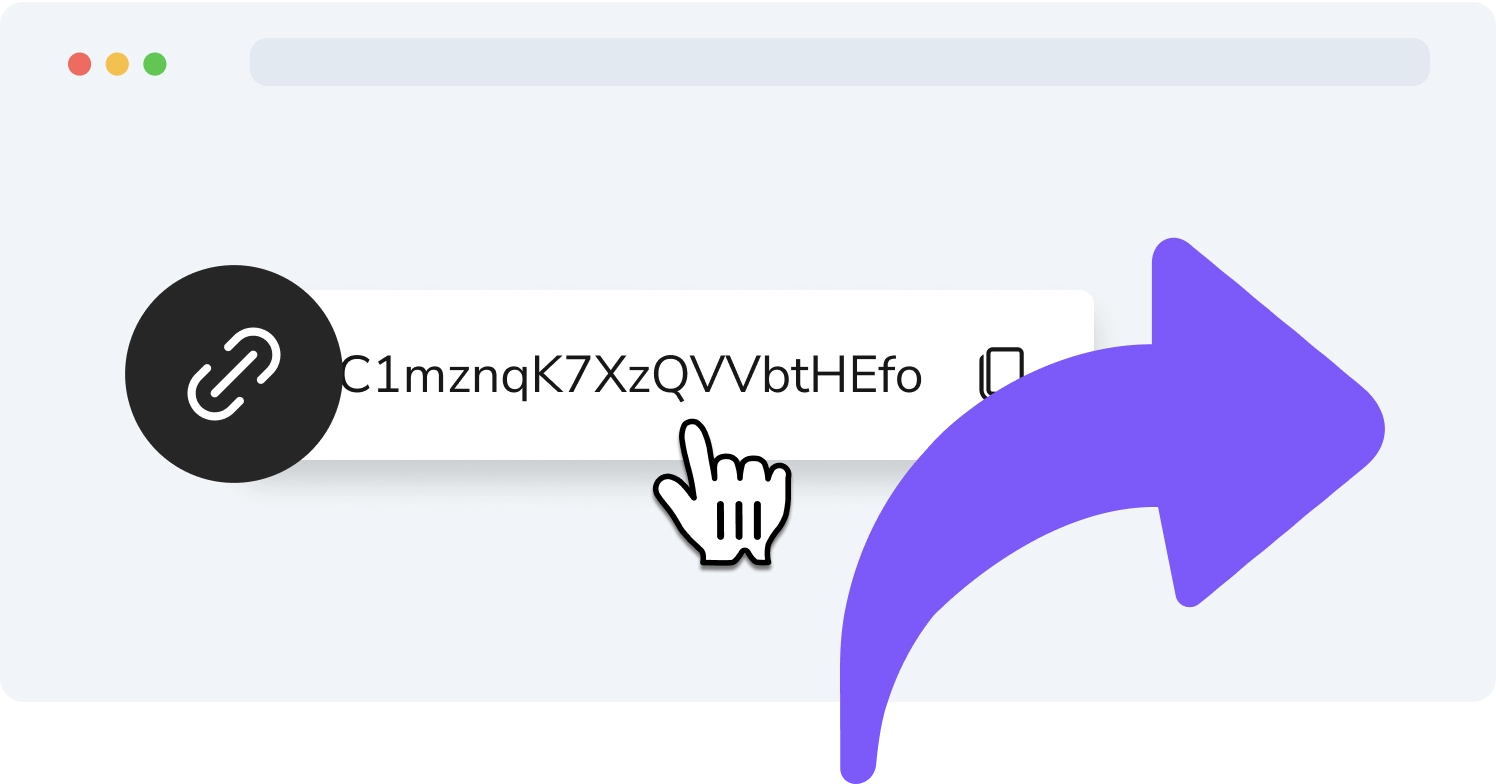 Icono del programa de afiliados: cursor de mano haciendo clic en un enlace y una flecha morada, simbolizando el intercambio del enlace.