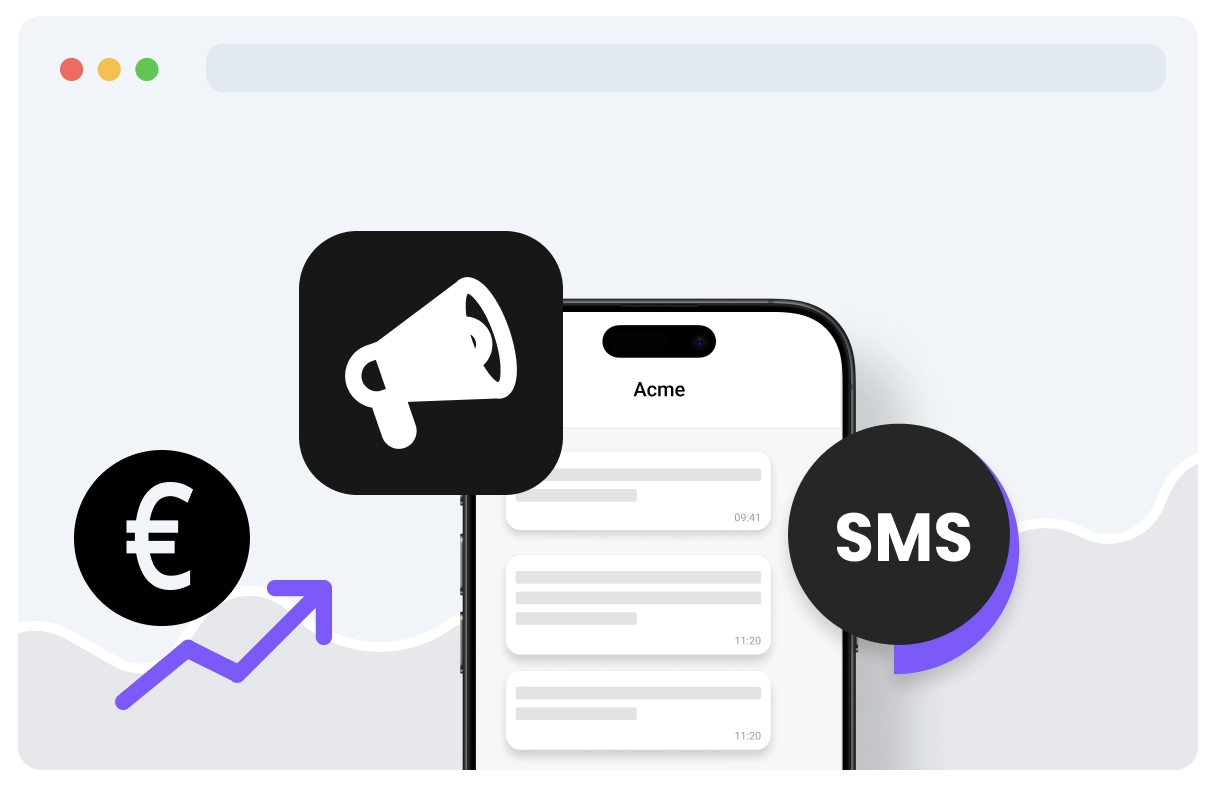 Smartphone con íconos de SMS y megáfono, junto a símbolo de euro y flecha ascendente, representando marketing SMS y crecimiento de ingresos.