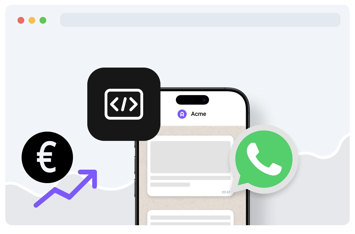 Smartphone con íconos de WhatsApp y programación, más símbolo de euro y flecha ascendente, representando integración de WhatsApp y ganancias para desarrolladores.